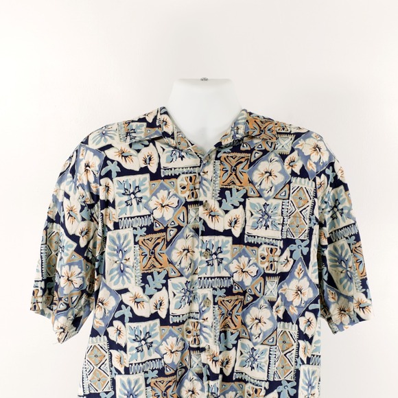 Pierre‎ Cardin Large Blue Cotton Floral Button Down Tropical Shirt Short Sleeve - Picture 1 of 10